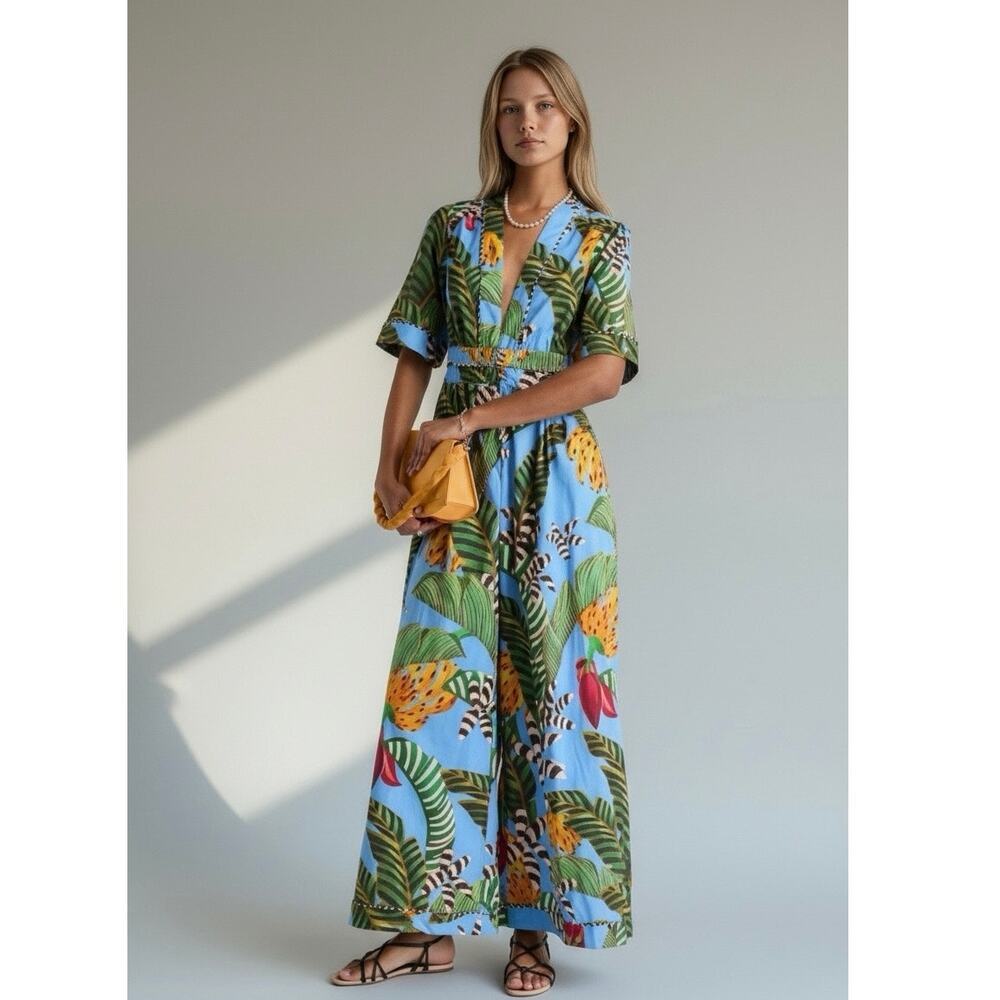 Farm Rio Striped Blue Bananas Jumpsuit In Blue Multi Women’s Size M NWOT